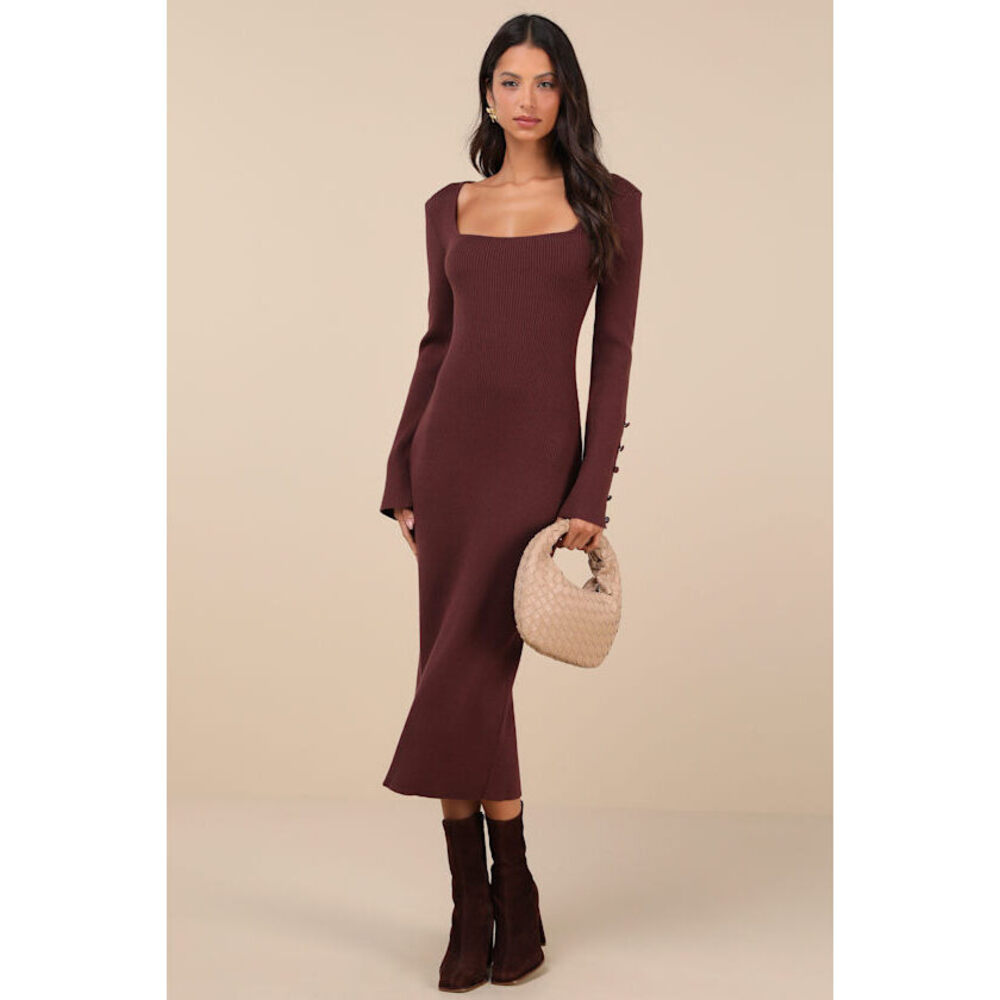 Lulus Classy Attitude Brown Ribbed Square Neck Midi Sweater Dress - Size M